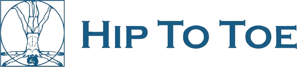 A blue “Hip To Toe” logo with a stylized foot inside a square icon on a white background.