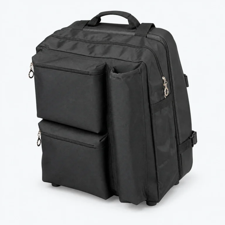 A black backpack with multiple zippered front pockets and a top handle, shown on a white background.