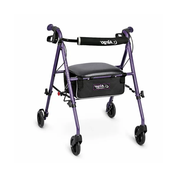 A purple folding walker with four wheels, a padded seat, and a black storage bag on a white background.