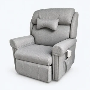 A gray upholstered recliner chair with padded armrests and a small matching pillow, shown on a white background.