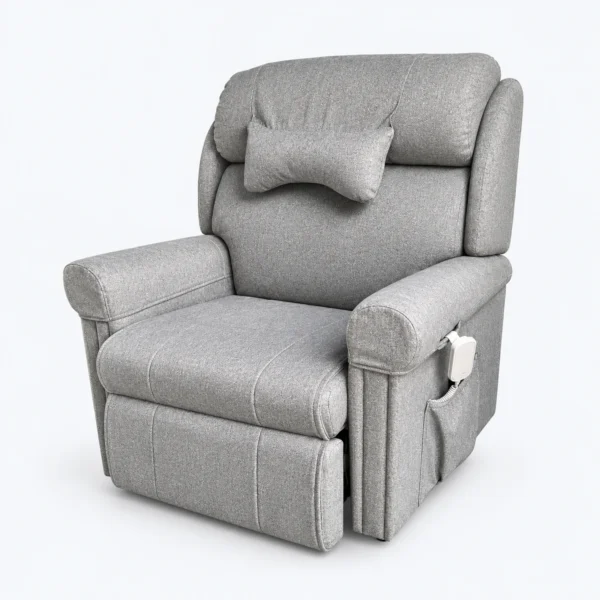 A gray upholstered recliner chair with padded armrests and a small matching pillow, shown on a white background.