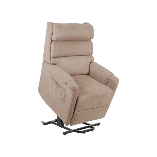 A beige upholstered recliner chair with a high padded back and black metal base, shown on a white background.