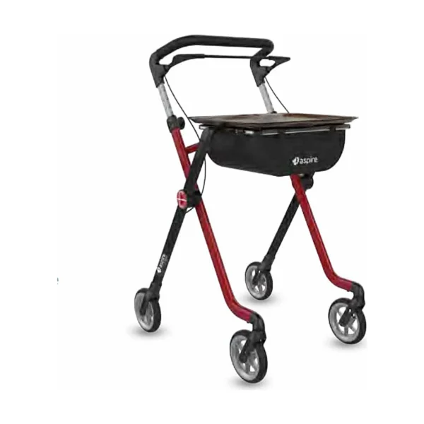 A red rollator walker with four wheels, a black padded seat, and a front storage pouch on a white background.