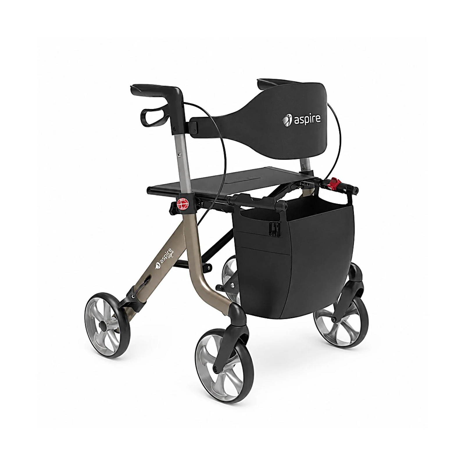A black Aspire rollator walker with a seat, backrest, and front storage bag, shown on a white background.