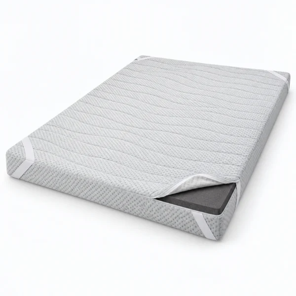 A gray quilted mattress with a partially open corner, shown on a white background.