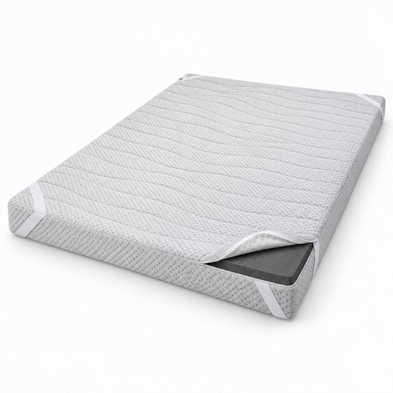 A gray quilted mattress with a partially open corner, shown on a white background.