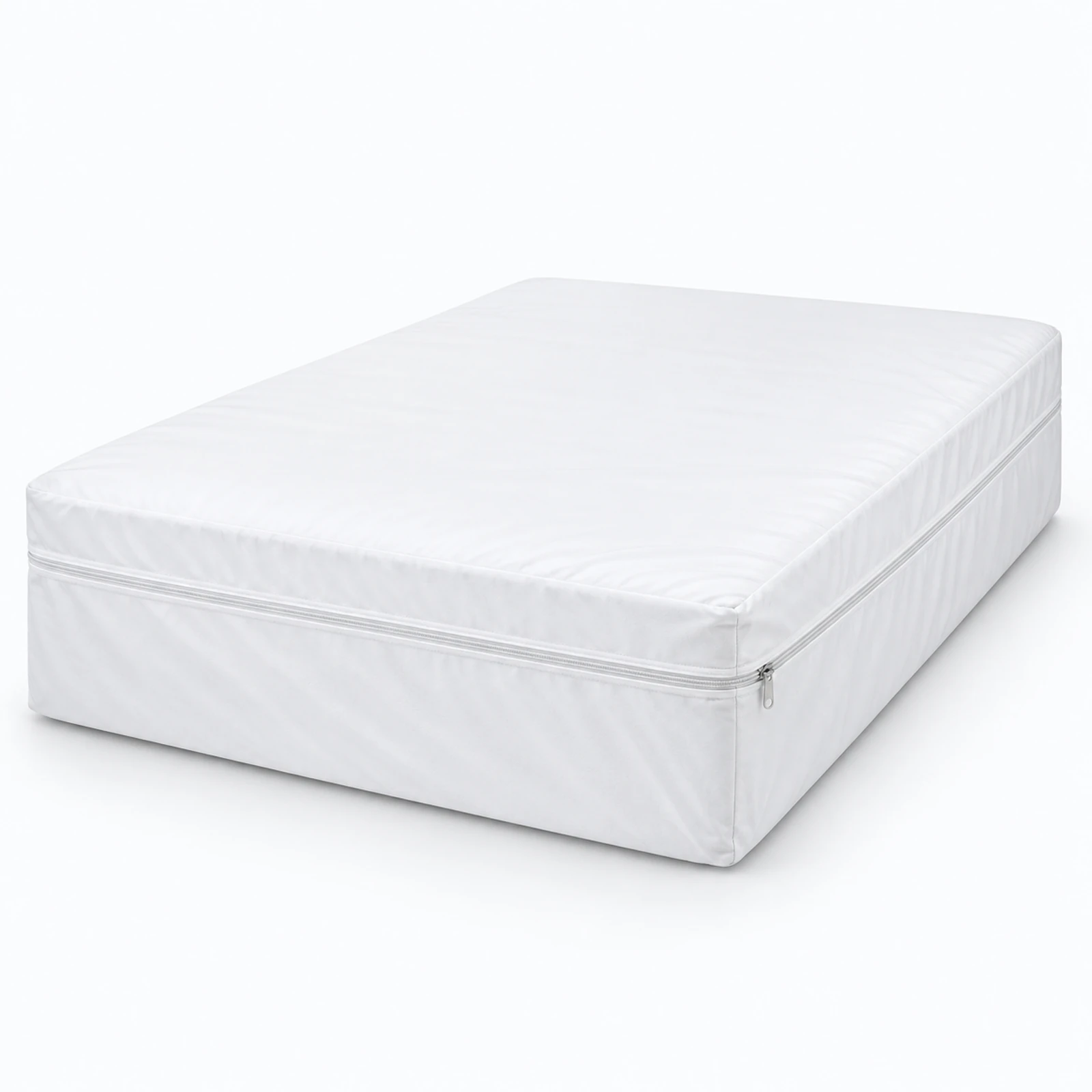 A white rectangular mattress with a zippered cover, shown on a plain white background.