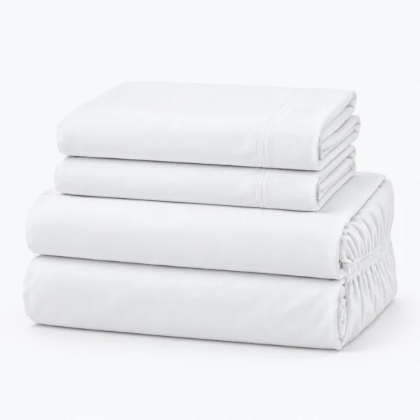 Four folded white bed sheets stacked on a white background, with elastic edges visible on the bottom sheet.
