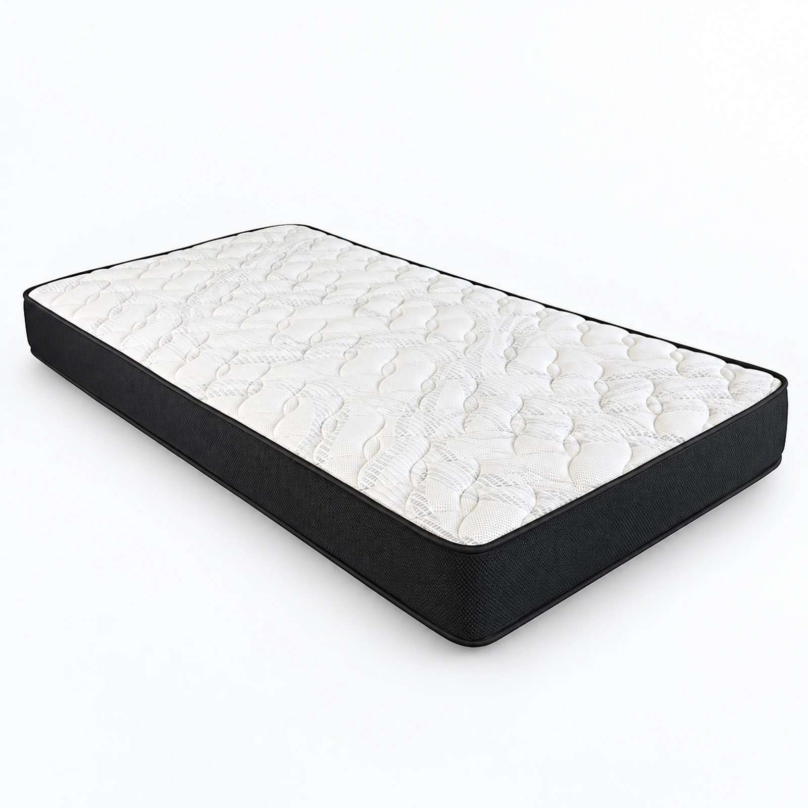 A white quilted mattress with black sides shown on a plain white background.