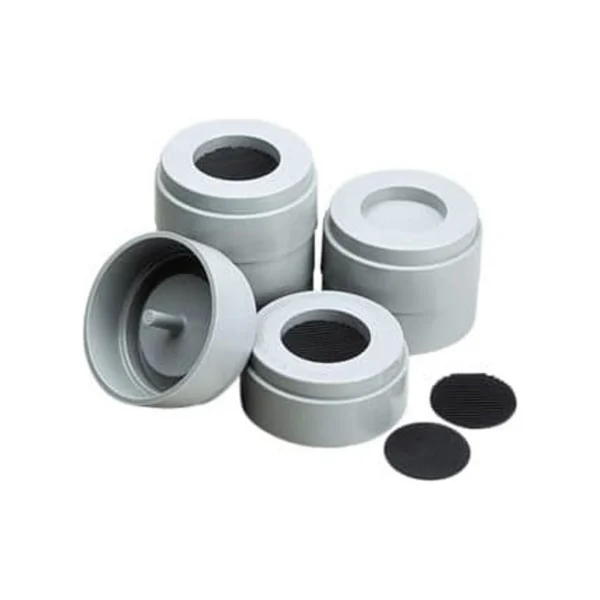 Four silver cylindrical container lids with black inserts, shown on a white background.