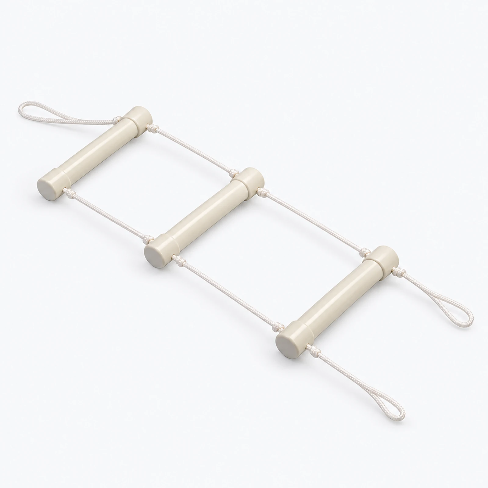 A three-rung rope ladder with white cylindrical wooden steps lies on a white background.