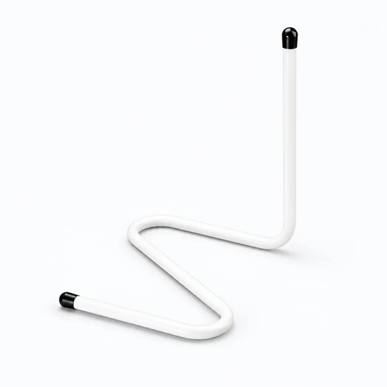 A white bent LED tube light with black tips, arranged in a zigzag shape on a white background.
