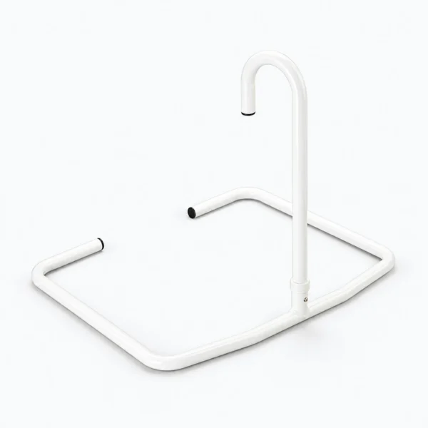 A white metal overbed table frame with a curved upright handle and rectangular base on a white background.