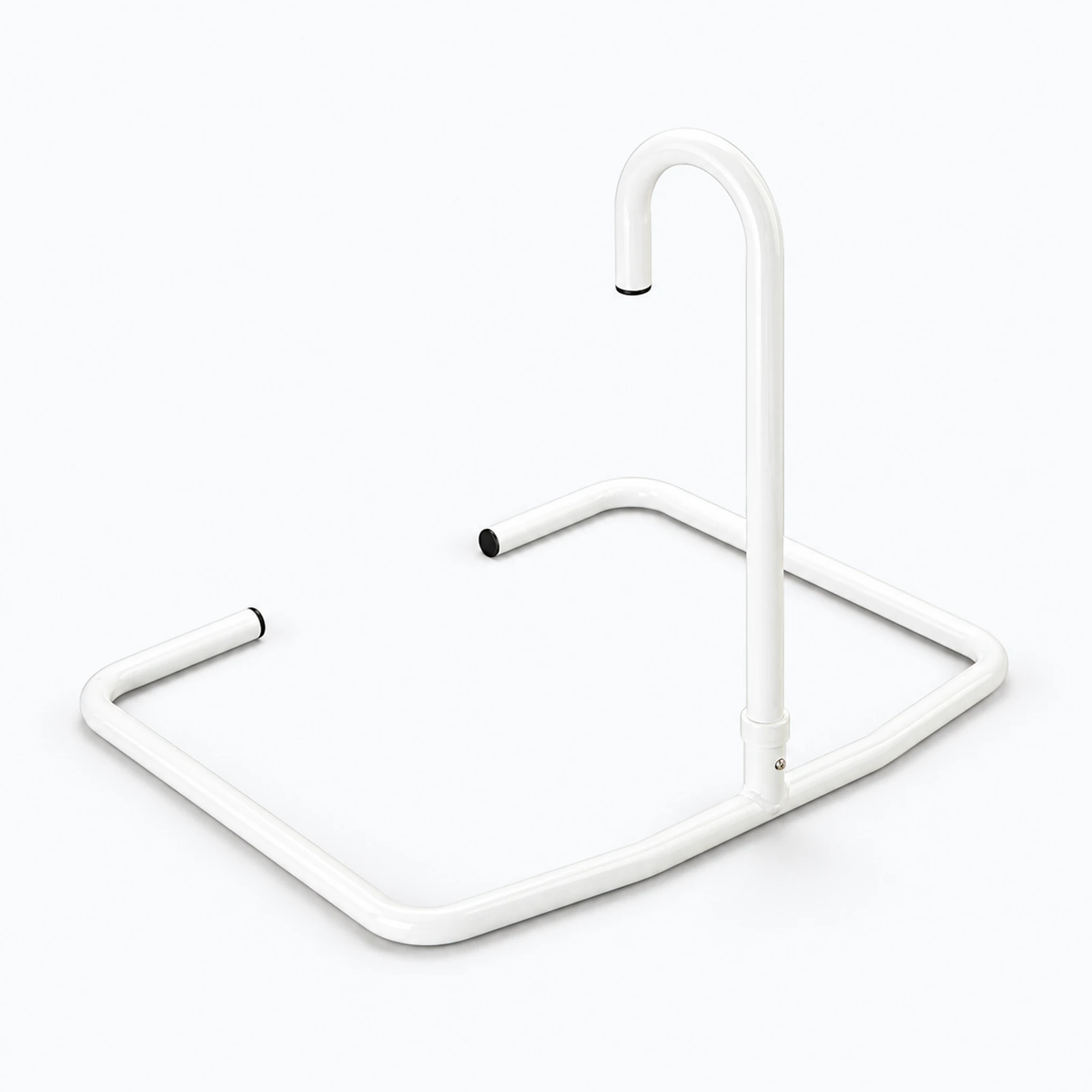 A white metal overbed table frame with a curved upright handle and rectangular base on a white background.