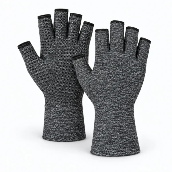 A pair of gray fingerless gloves, one showing a textured grip pattern, displayed on a white background.