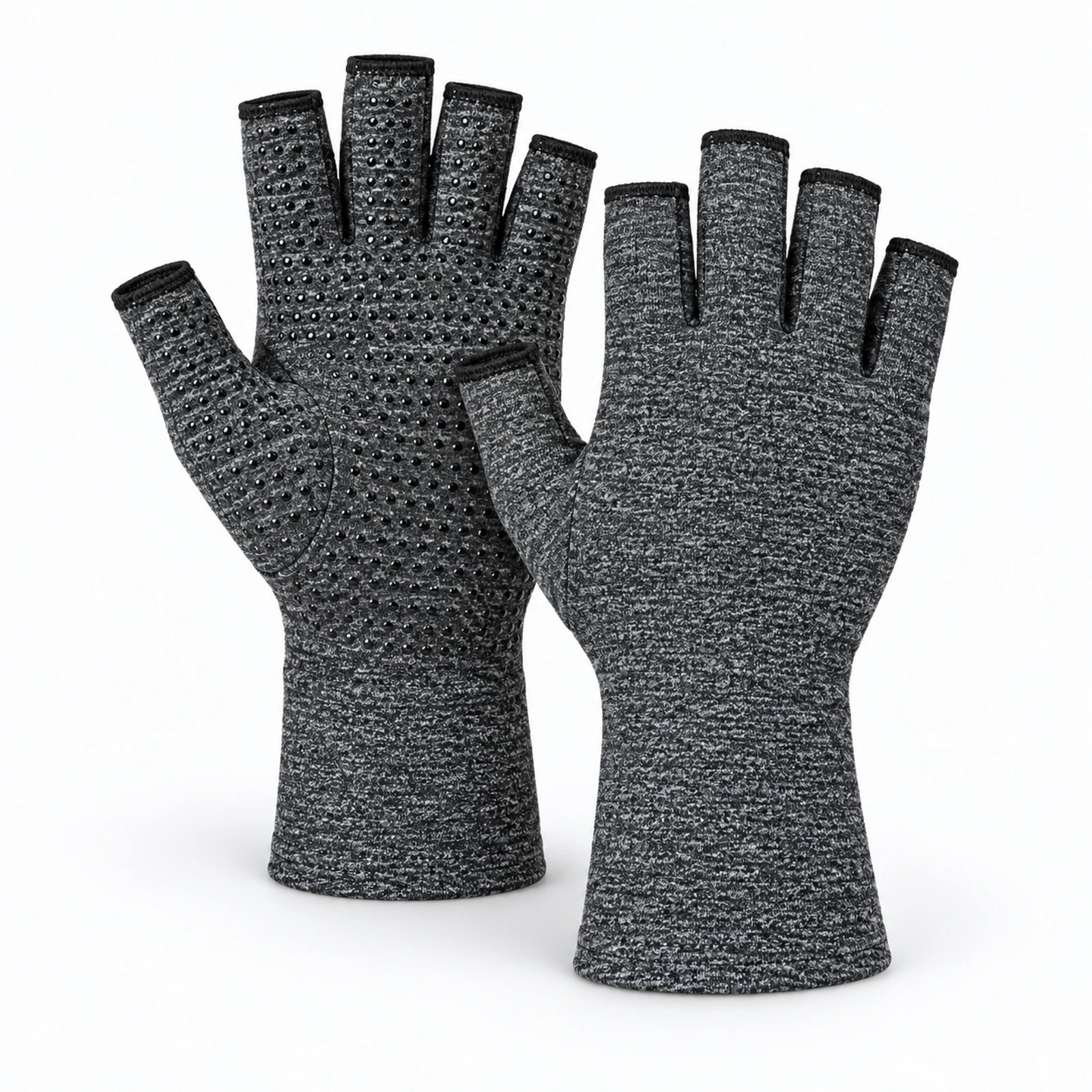 A pair of gray fingerless gloves, one showing a textured grip pattern, displayed on a white background.