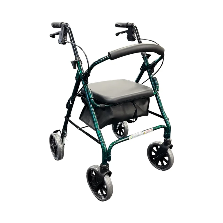 A green four-wheeled walker with hand brakes, a padded seat, and a storage bag, shown on a white background.