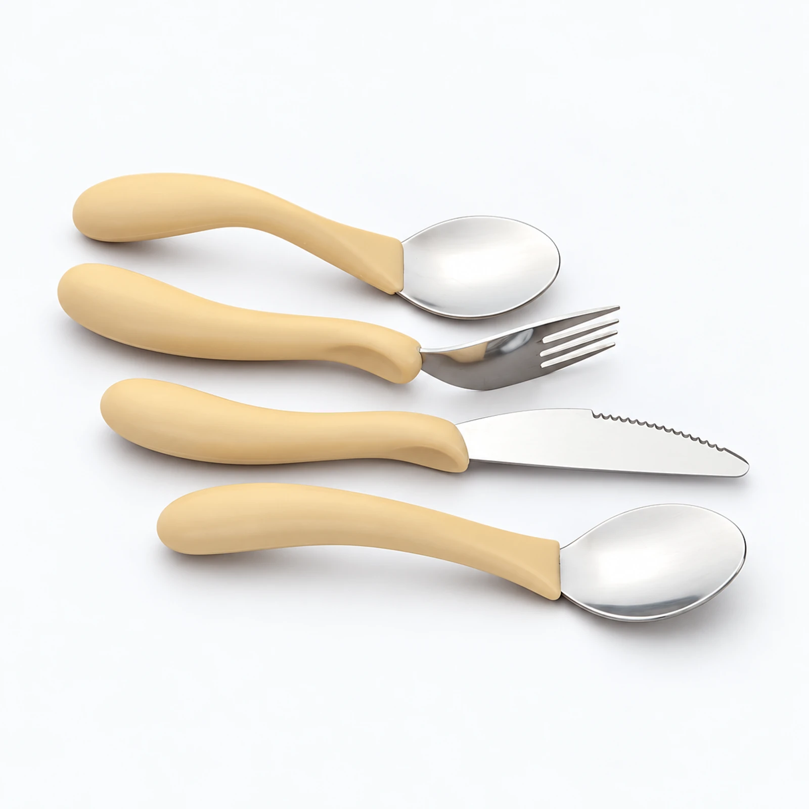 A set of four kitchen utensils with light wooden handles, including two spoons, a fork, and a serrated knife, arranged on a white background.