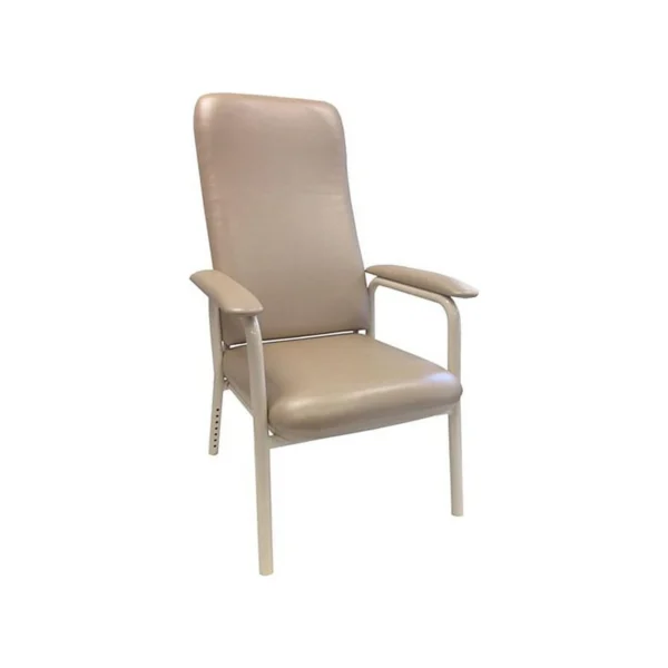 A beige upholstered armchair with metal legs and padded armrests, shown on a white background.