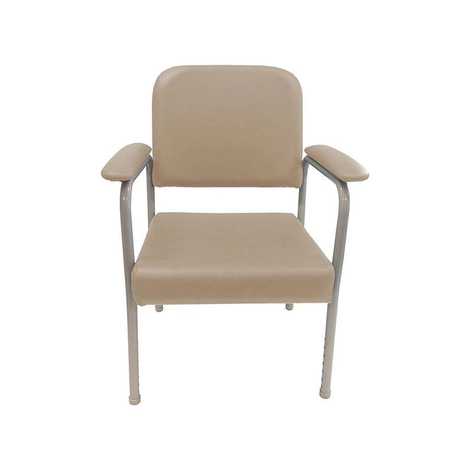 A beige upholstered chair with padded armrests and a metal frame, shown against a white background.