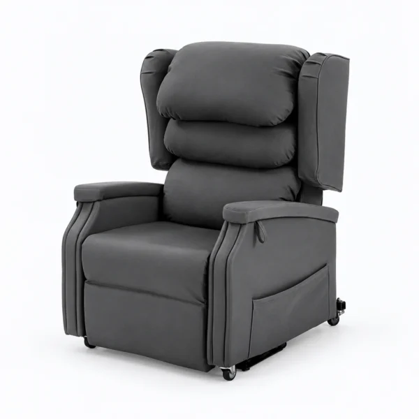 A dark gray cushioned recliner chair with padded headrest, armrests, and small caster wheels on a white background.
