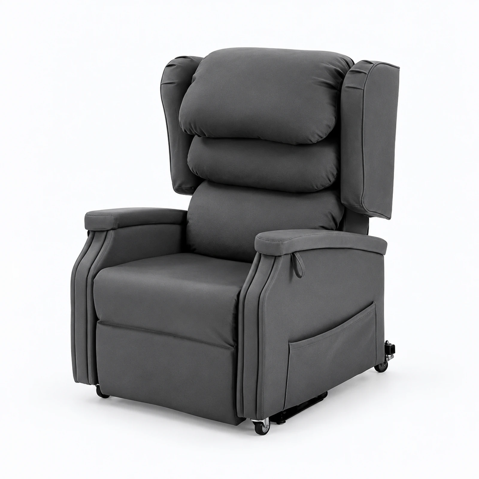 A dark gray cushioned recliner chair with padded headrest, armrests, and small caster wheels on a white background.