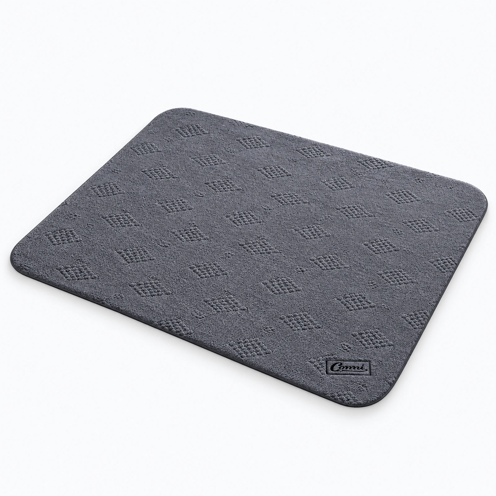 A dark gray square fabric mat with a textured pattern and rounded corners, shown on a white background.