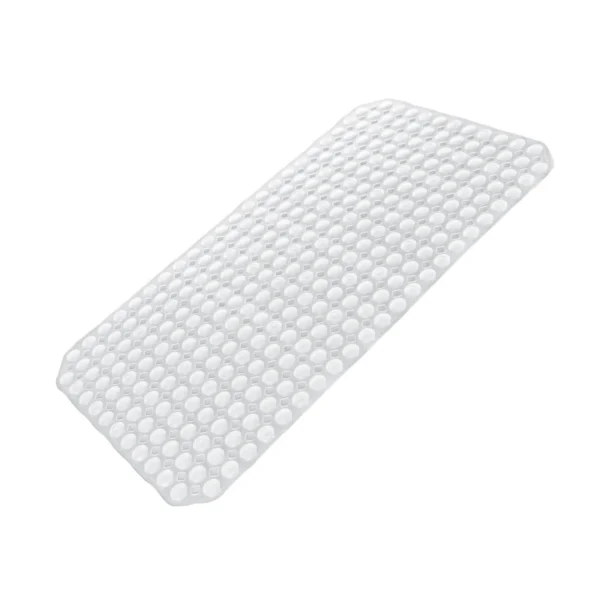 A transparent rectangular bubble bath mat with suction cups on a white background.