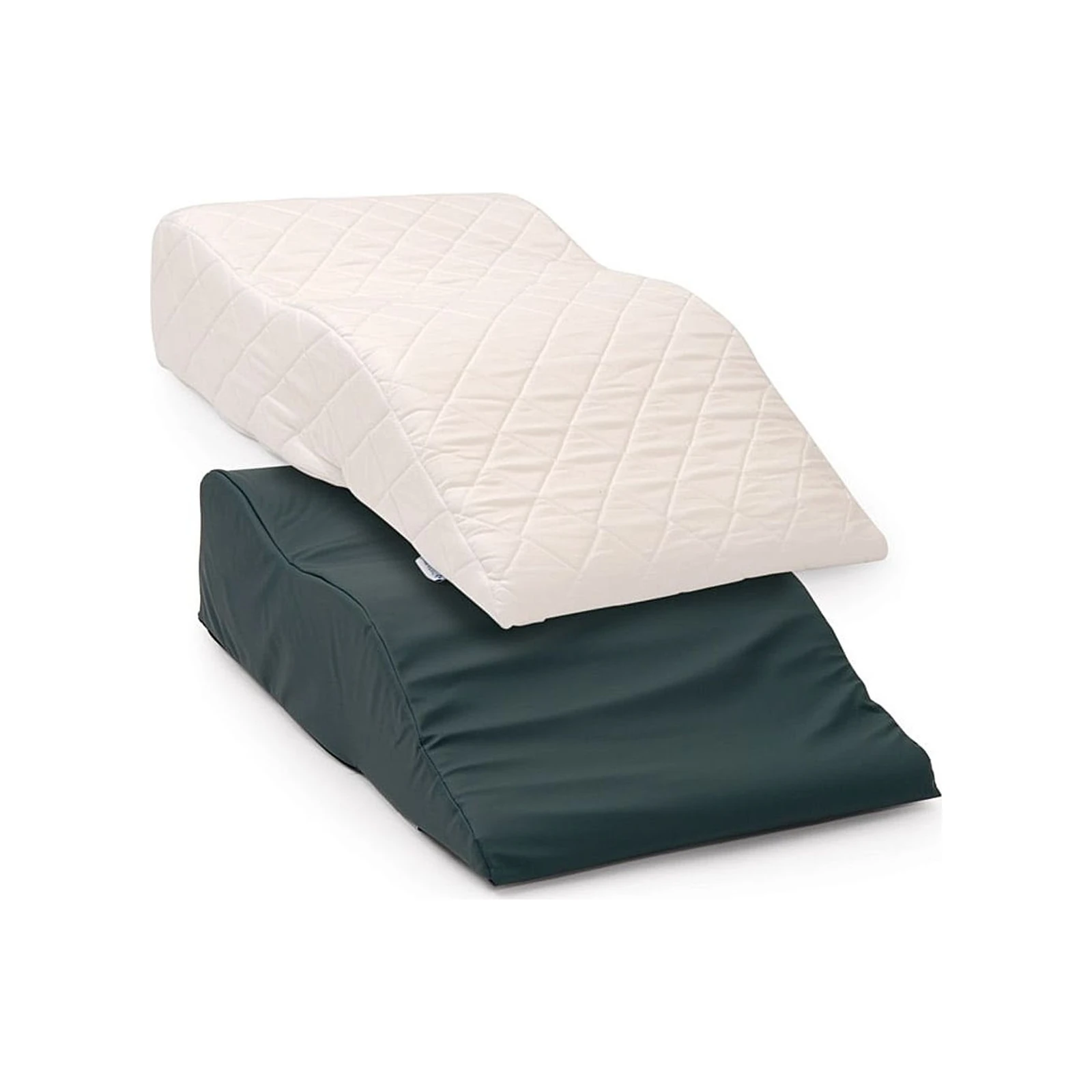 A white quilted wedge cushion stacked on a dark green wedge cushion against a plain white background.