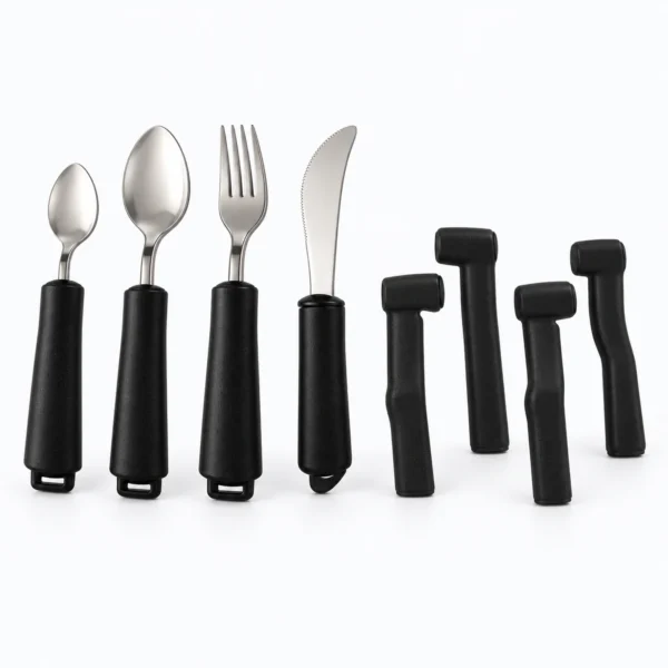 A set of stainless steel spoon, spoon, fork, and knife with black handles, shown beside four matching black hand grips on a white background.