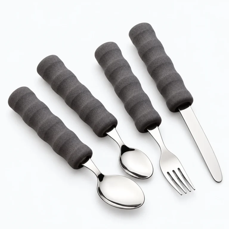 A set of four stainless steel utensils with dark gray textured handles, including two spoons, a fork, and a knife, arranged on a white background.