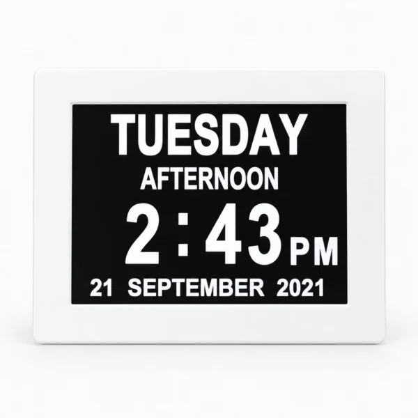 A white digital desk clock displays Tuesday afternoon, 2:43 PM, and 21 September 2021 on a black screen.