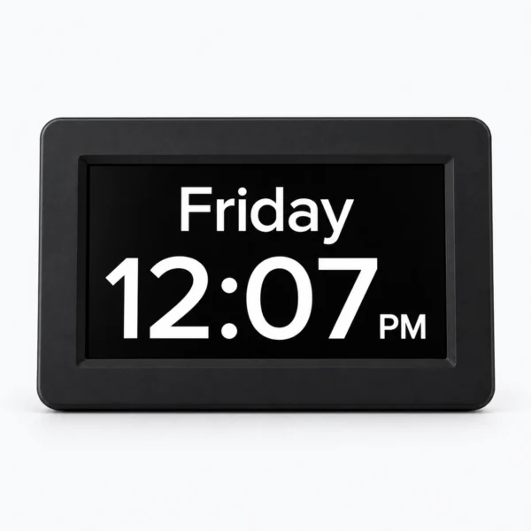 A black digital desk clock displaying Friday 12:07 PM on a white background.