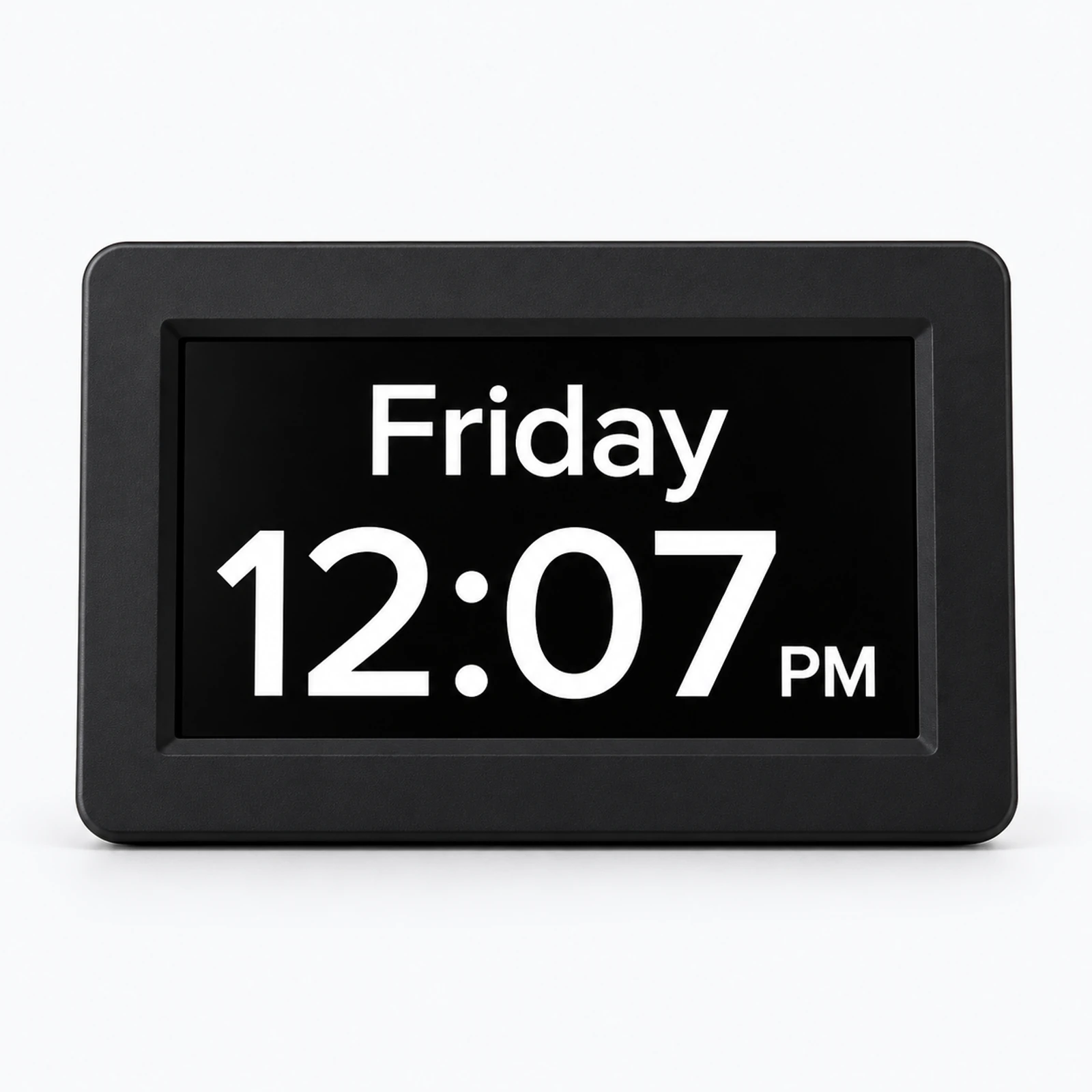 A black digital desk clock displaying Friday 12:07 PM on a white background.