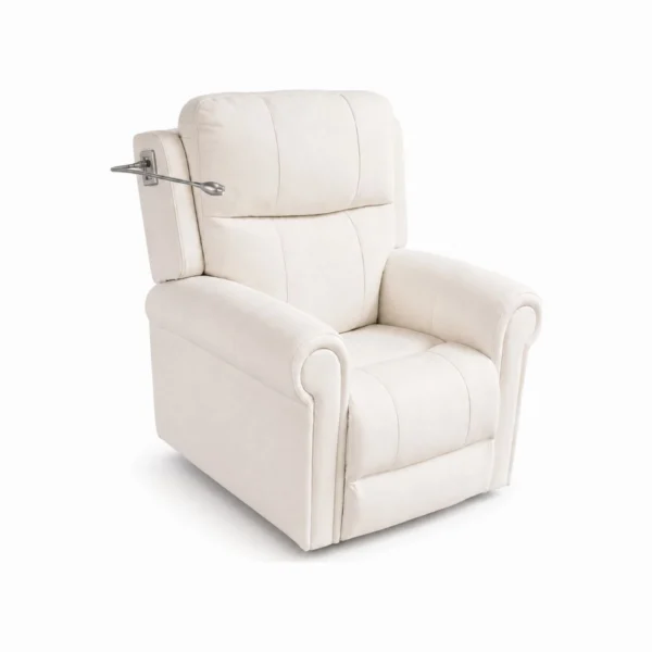 A white leather recliner chair with a side-mounted metal lever, shown on a plain white background.