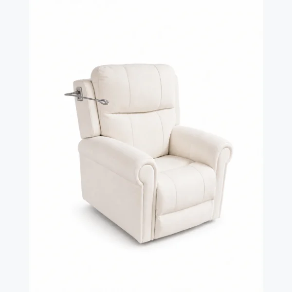 A white upholstered recliner chair with a side lever and padded armrests on a plain white background.