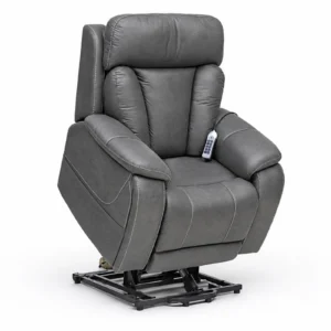A gray upholstered lift recliner with a handheld remote, shown on a white background with its black metal base visible.