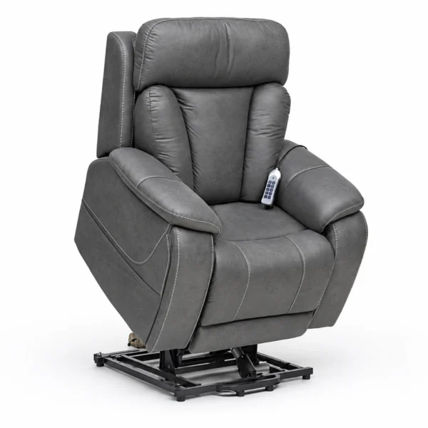 A gray upholstered lift recliner with a handheld remote, shown on a white background with its black metal base visible.