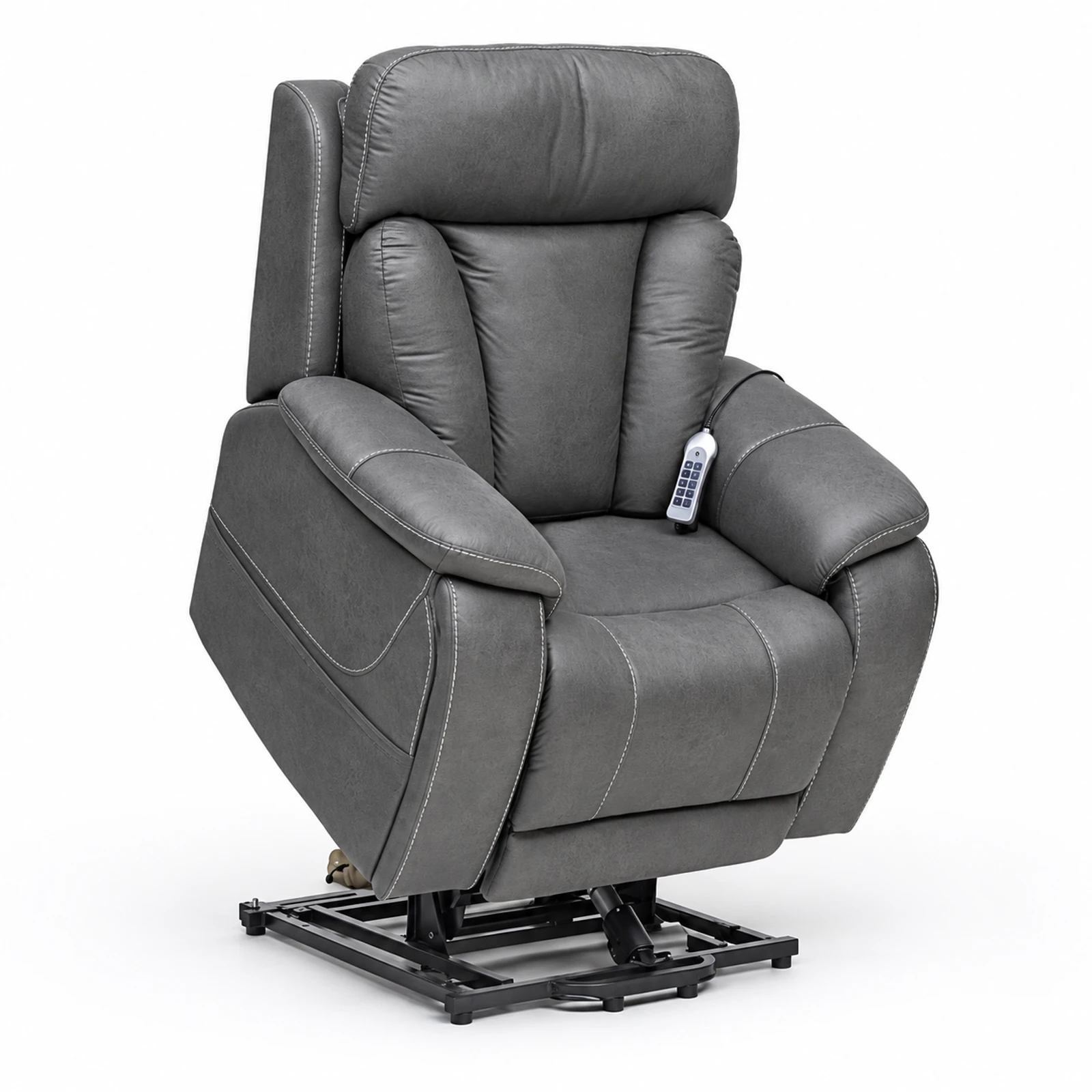 A gray upholstered lift recliner with a handheld remote, shown on a white background with its black metal base visible.