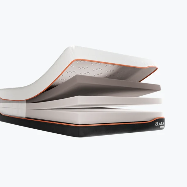 A layered mattress with cutaway sections and an orange-trimmed top layer, shown on a white background with the ELATA logo on the base.
