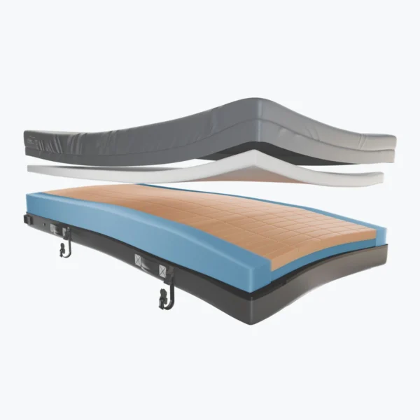 A curved blue-and-tan mattress with a black underside, shown with layered gray and white support panels above it on a white background.