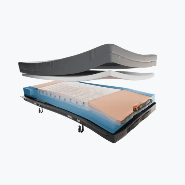 An exploded-view mattress with layered foam sections above a cross-section of the mattress base on a white background.