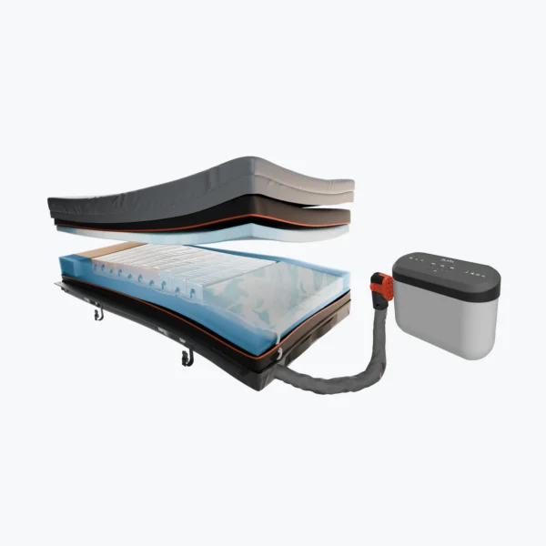 A cutaway 3D illustration of a layered mattress with an air pump and hose connected to a gray control unit on a white background.