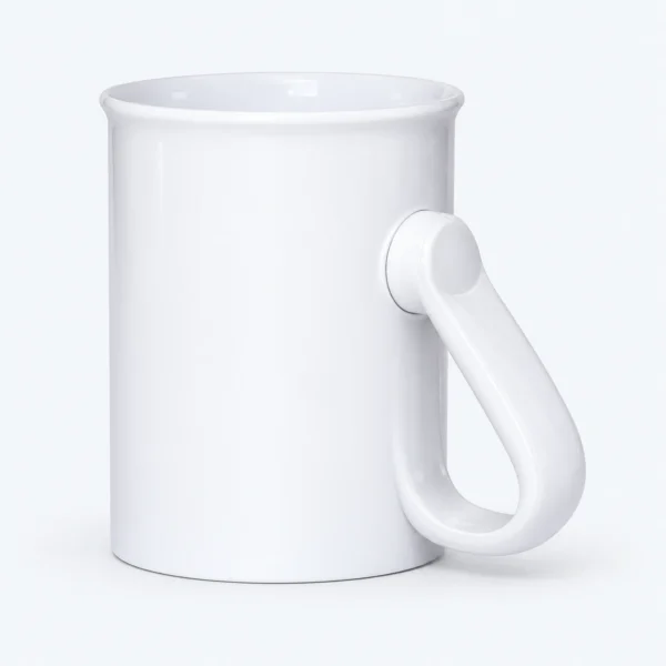 A white ceramic mug with a curved handle, shown on a light background.