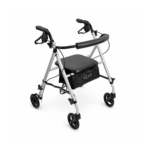 A silver walker with four black wheels, two hand brakes, and a black seat pouch labeled HERO on a white background.