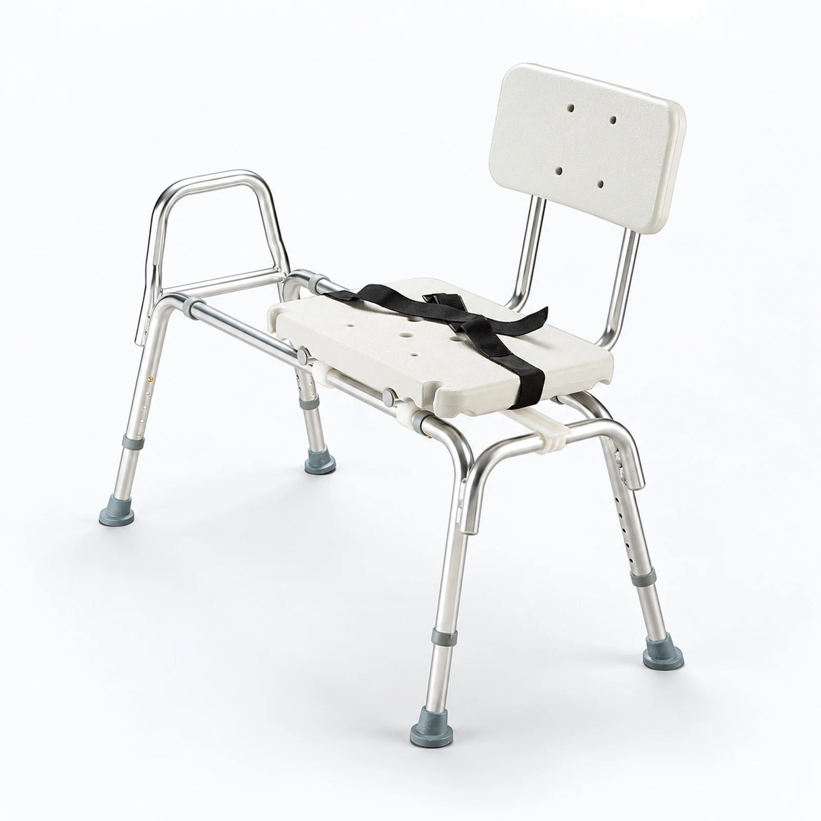 A white shower chair with a backrest and black safety strap, shown on a white background with aluminum legs and rubber feet.