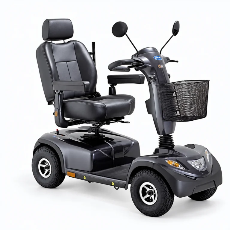 A black four-wheel mobility scooter with a padded seat, rearview mirrors, and a front basket on a white background.