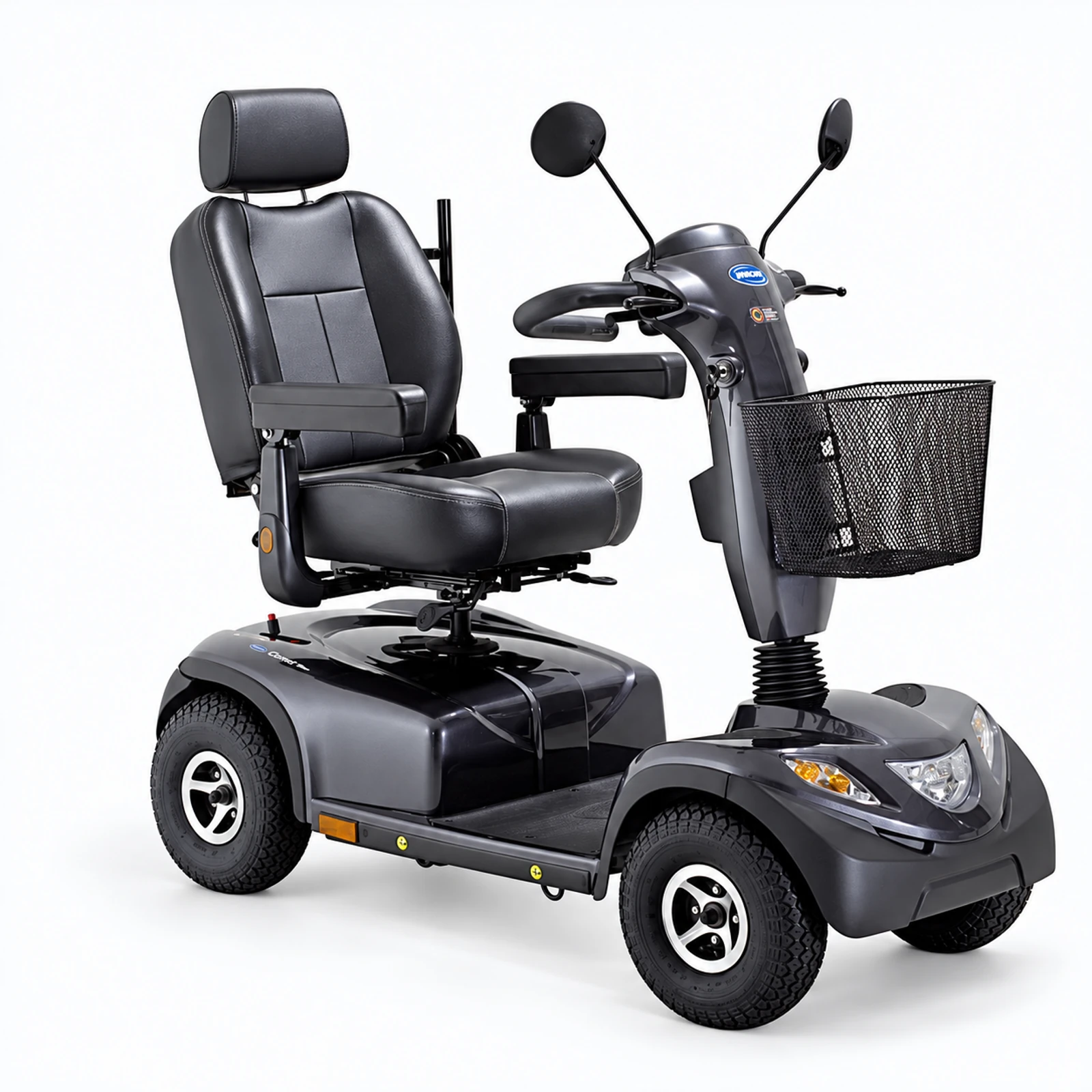 A black four-wheel mobility scooter with a padded seat, rearview mirrors, and a front basket on a white background.