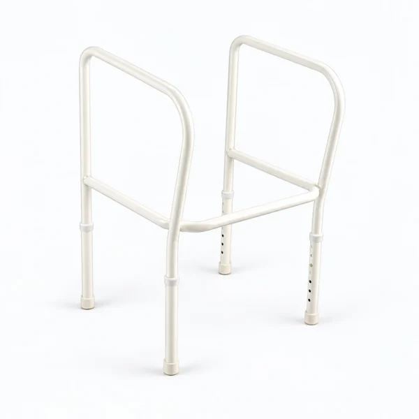 A white folding toilet safety rail with two hand grips and four legs, shown on a plain white background.