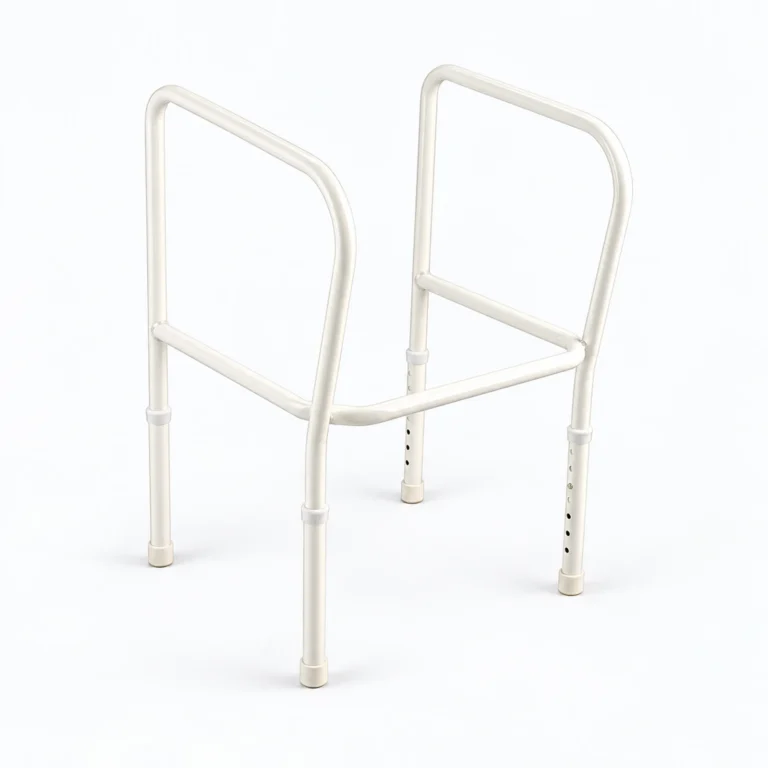 A white folding toilet safety rail with two hand grips and four legs, shown on a plain white background.